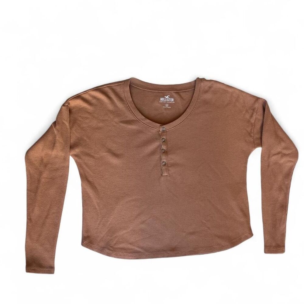 Hollister Brown Waffle Knit Henley Long Sleeve Top Size Medium